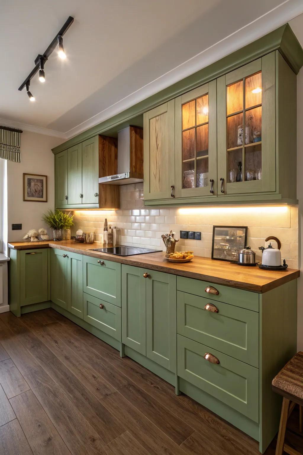 Stylish kitchen with two-tone cabinets and ambient lighting.