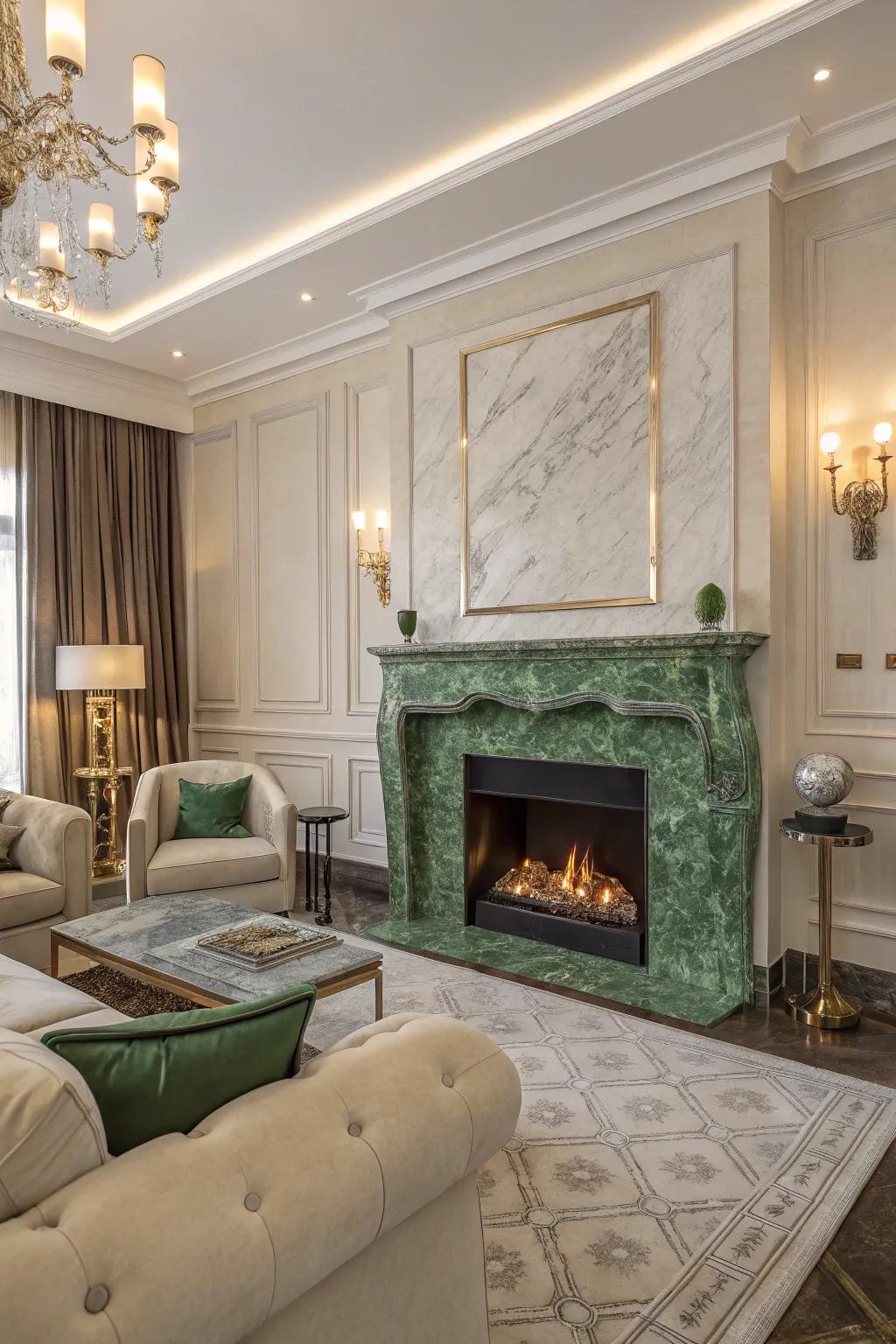 An elegant living room featuring a sophisticated green marble fireplace.