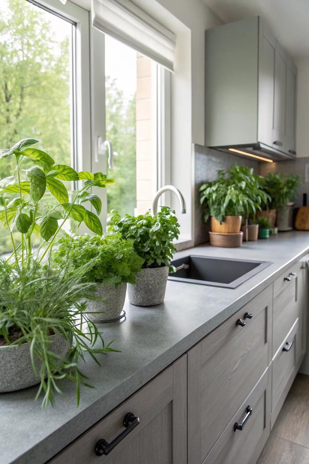 Grey countertops paired with vibrant green plants.