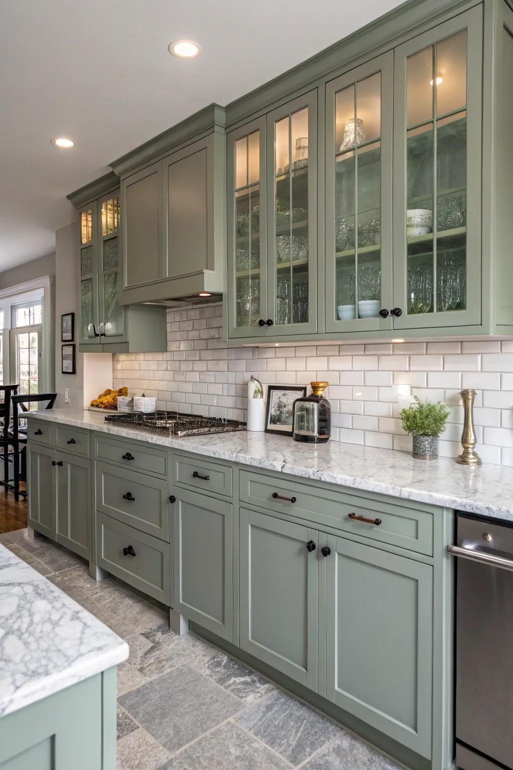 Shaker style grey-green cabinets offer timeless versatility.