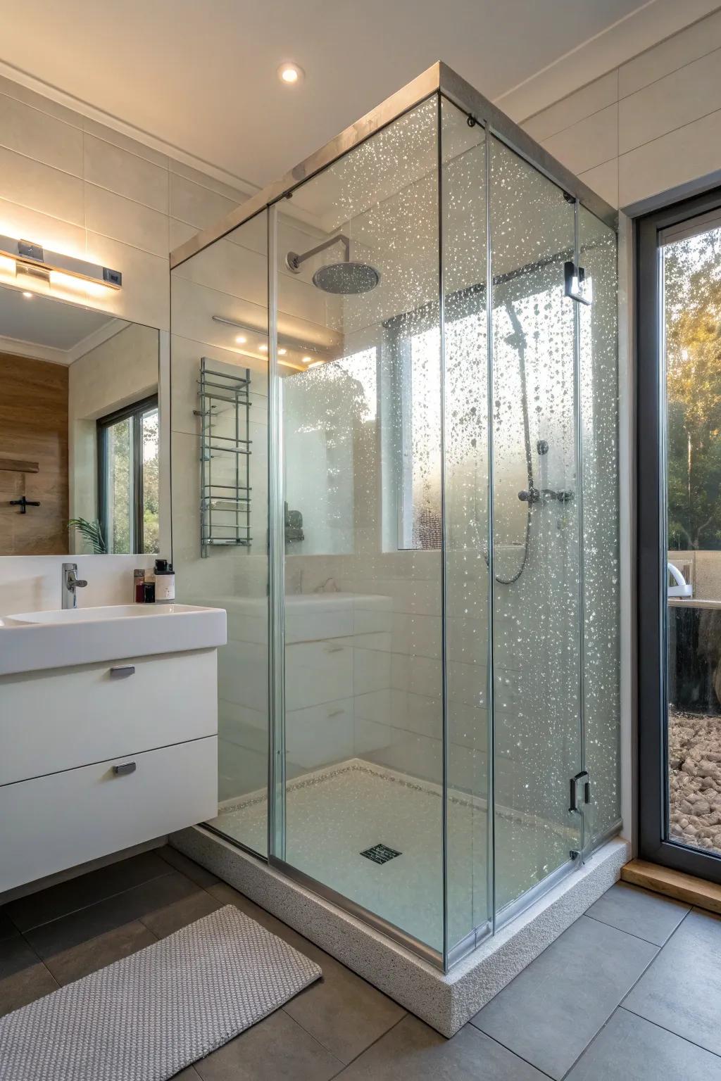 The spacious feel of this bathroom is enhanced by a glass shower enclosure.