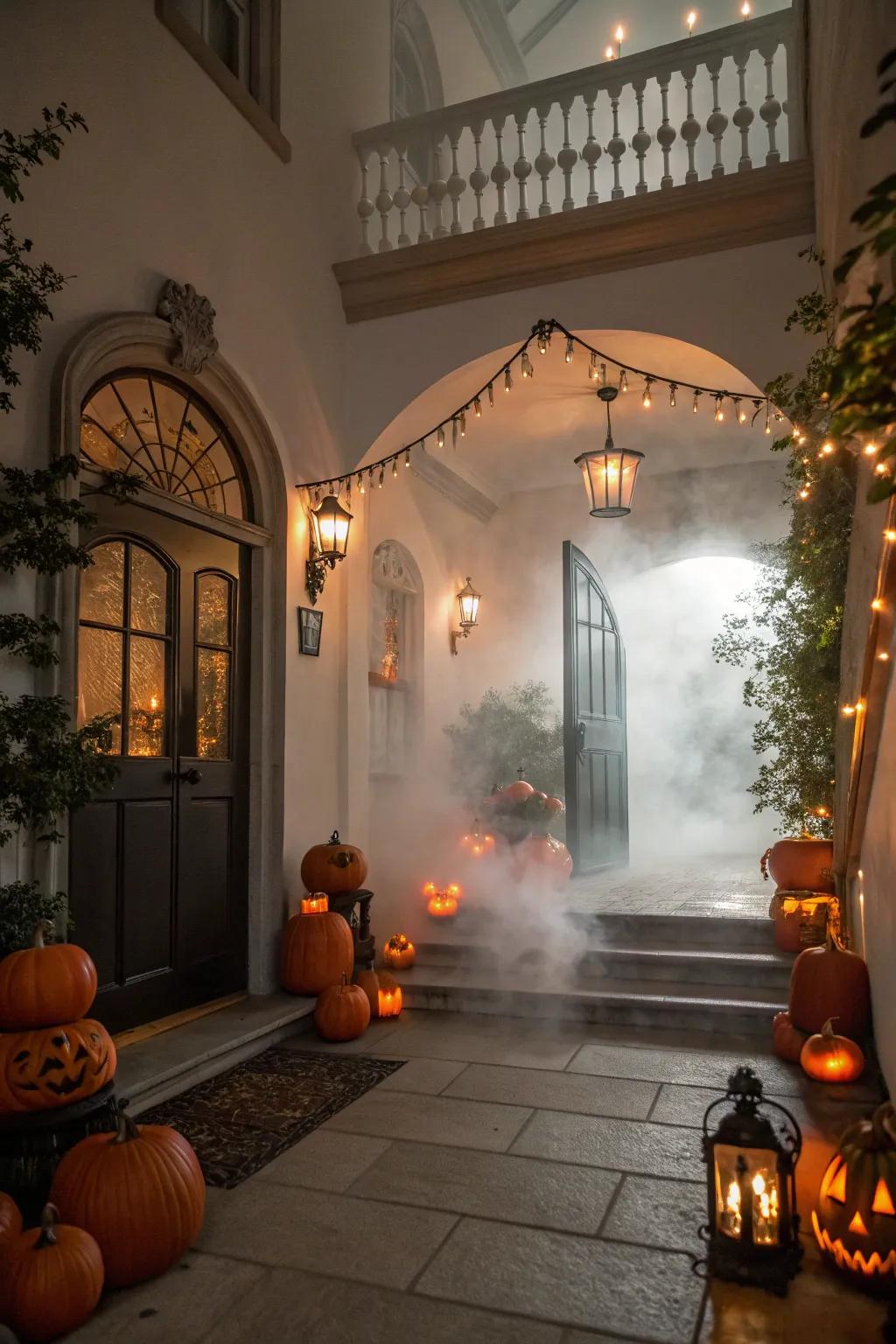 A foggy entryway sets a mysterious mood as guests arrive.