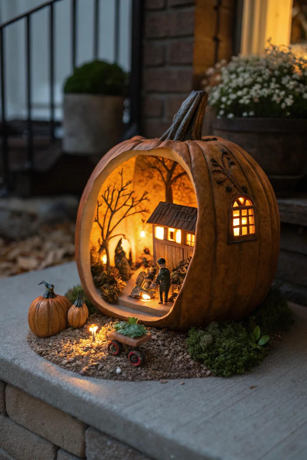 A pumpkin diorama offers a whimsical mini-world inside.