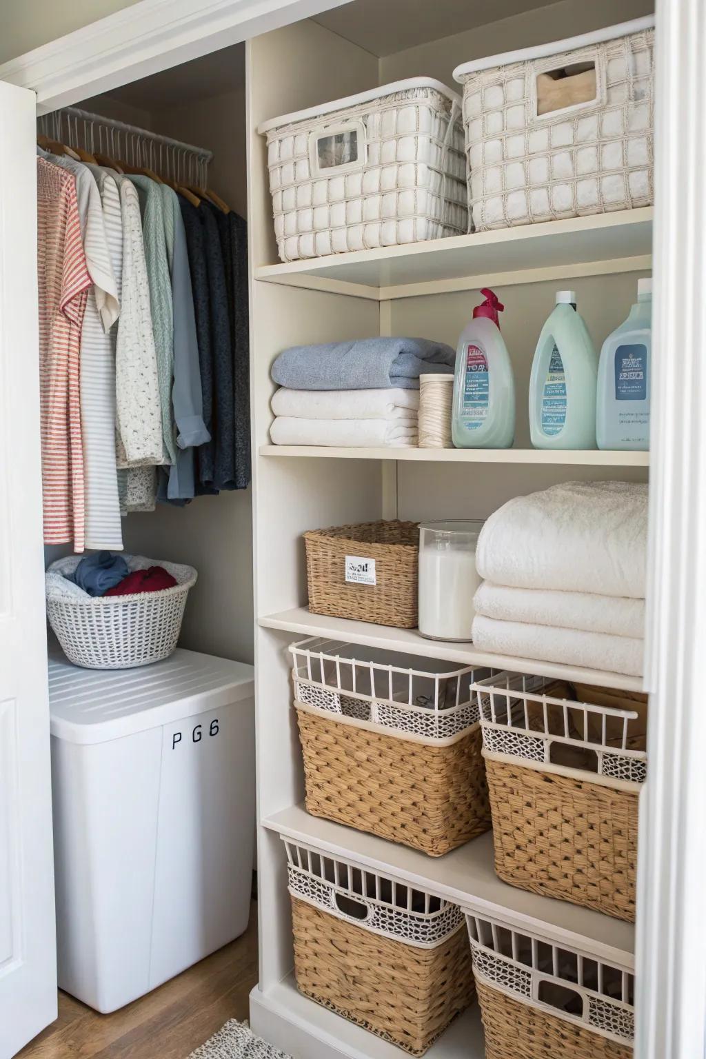 Baskets and containers ensure a well-organized space.