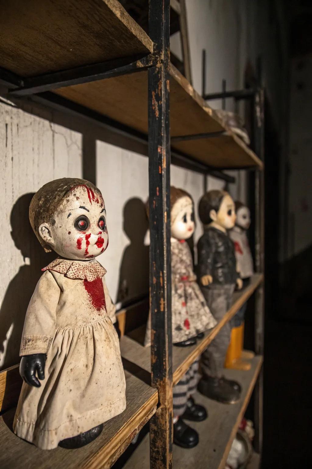 Turn childhood toys into a chilling display with a haunted dolls theme.