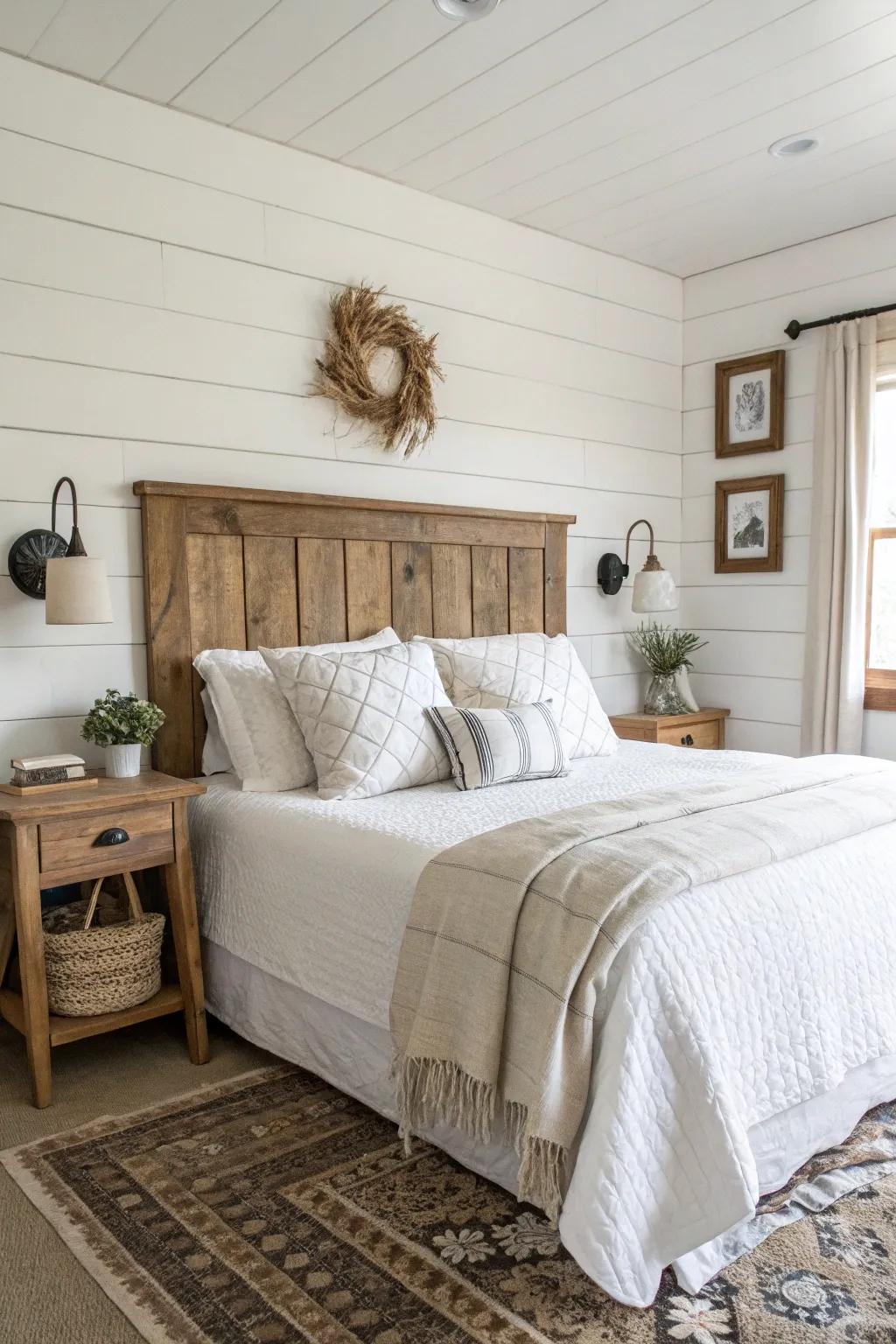 Achieve farmhouse chic with a shiplap headboard.