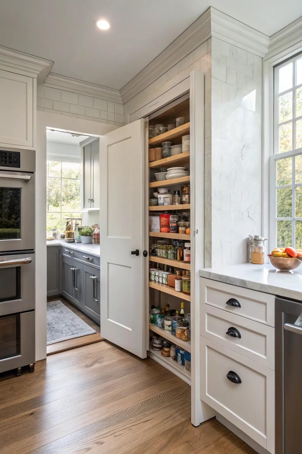 A walk-in pantry hidden behind a cleverly disguised kitchen door.