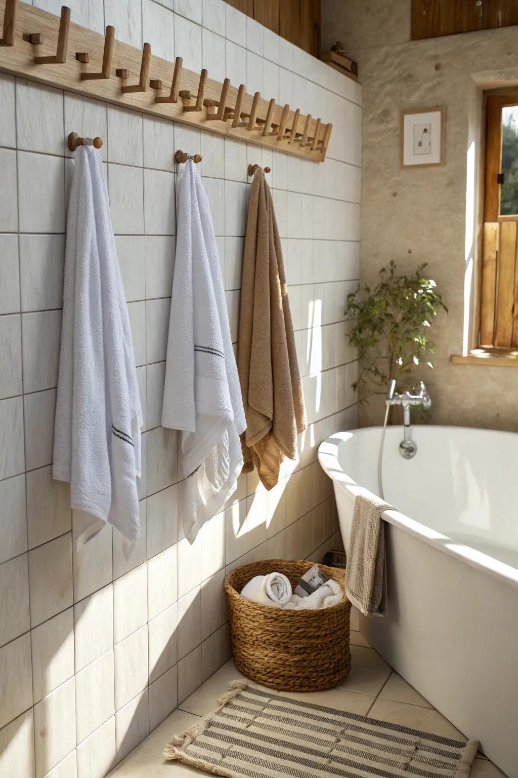 Wooden pegs add a natural and warm touch to towel hanging.