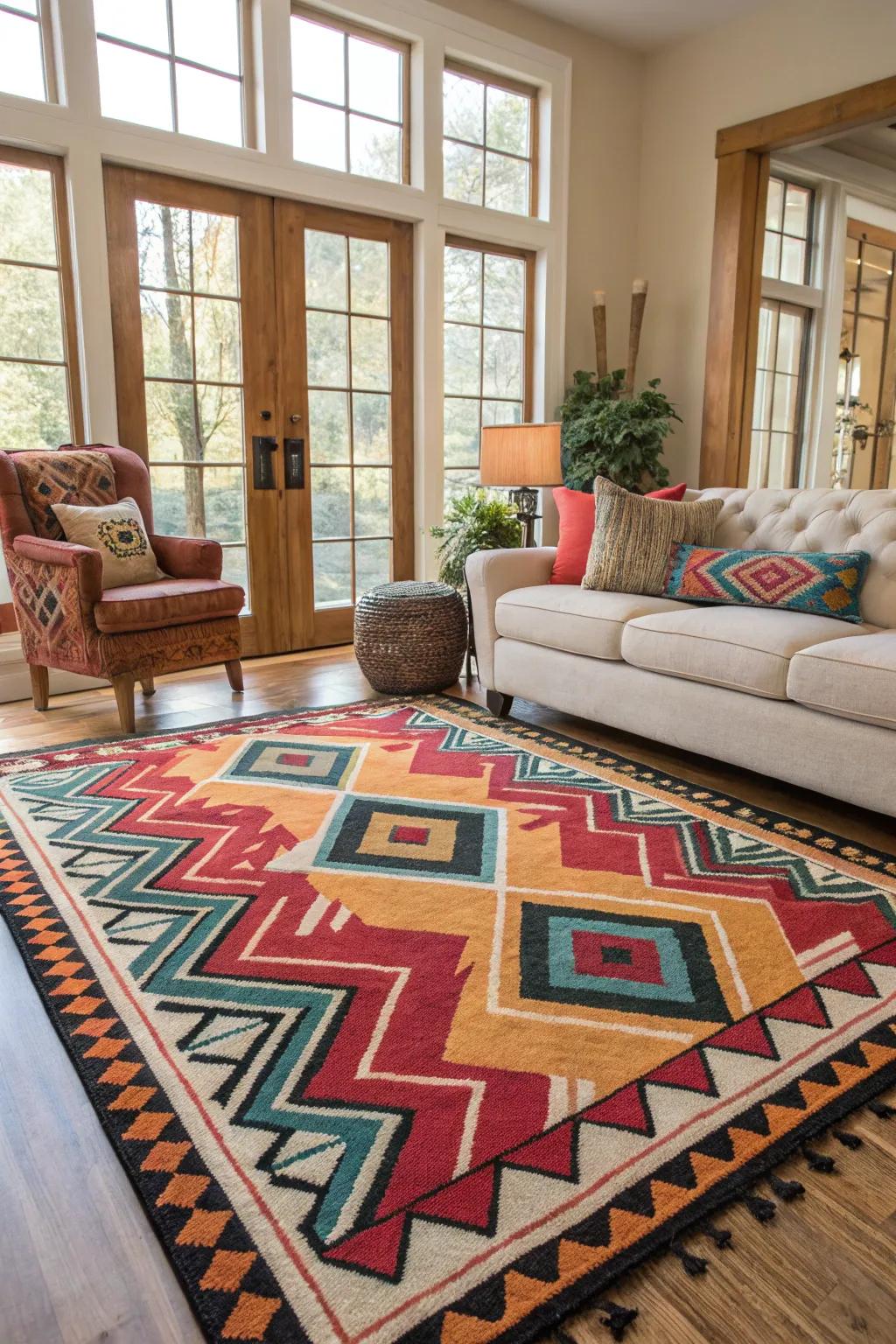 A declaration rug anchors the living expanse with flair.