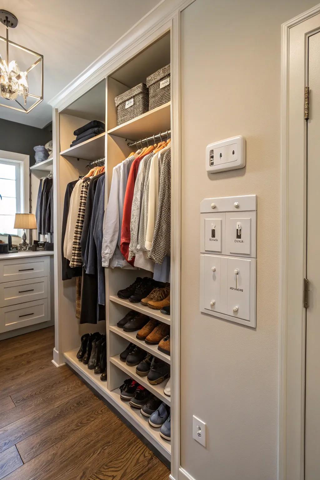 A closet design that incorporates accessible outlets and switches.