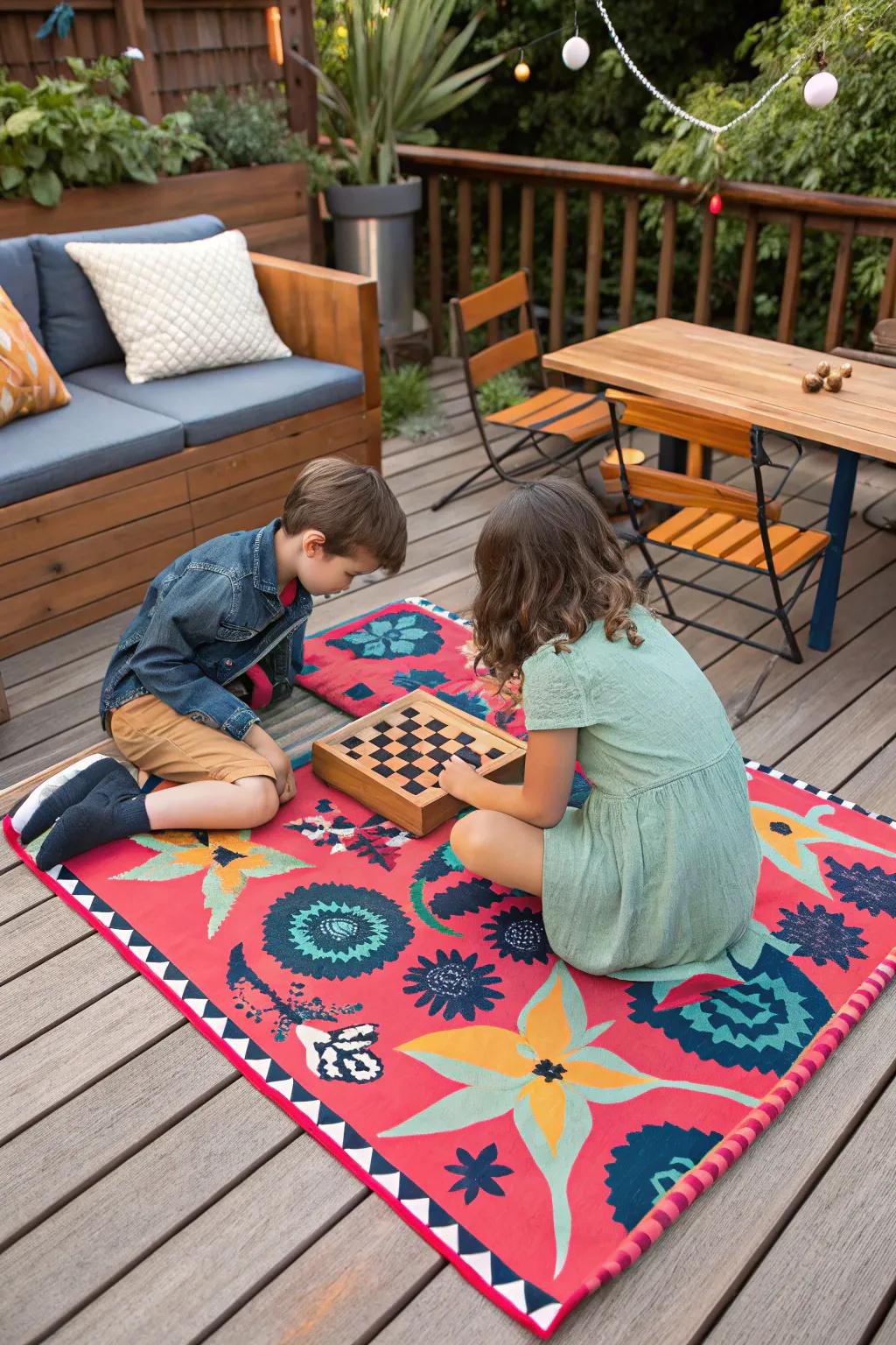 A deck featuring a vibrant outdoor rug where children are playing board games.