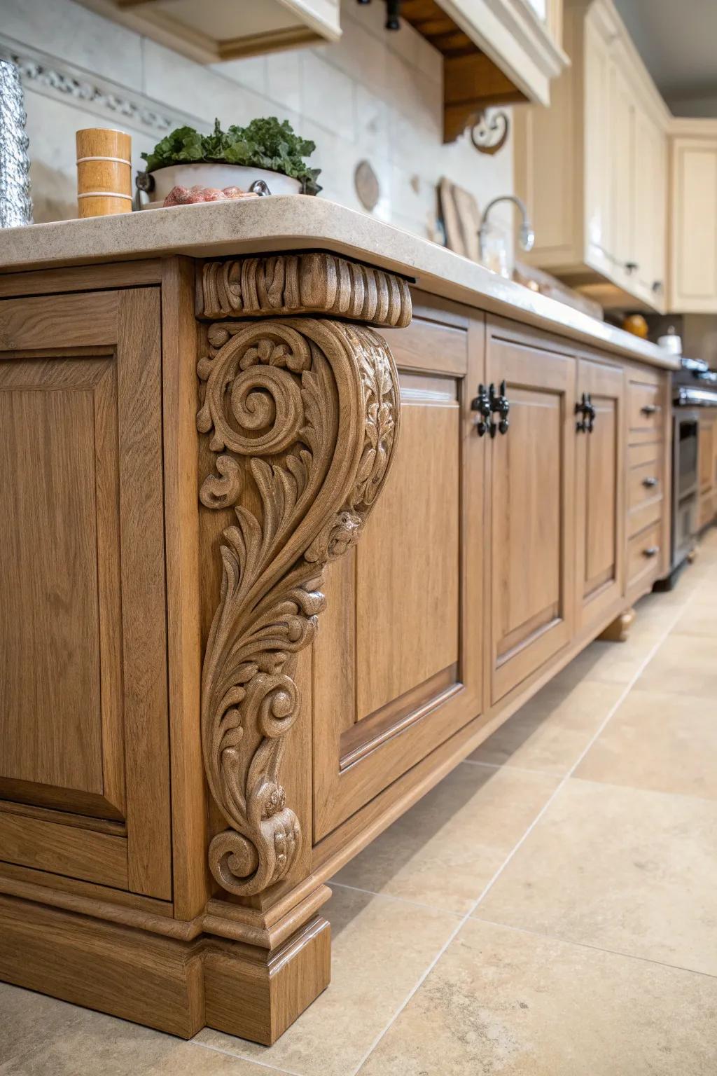 Corbels add vintage charm and support to cabinetry.