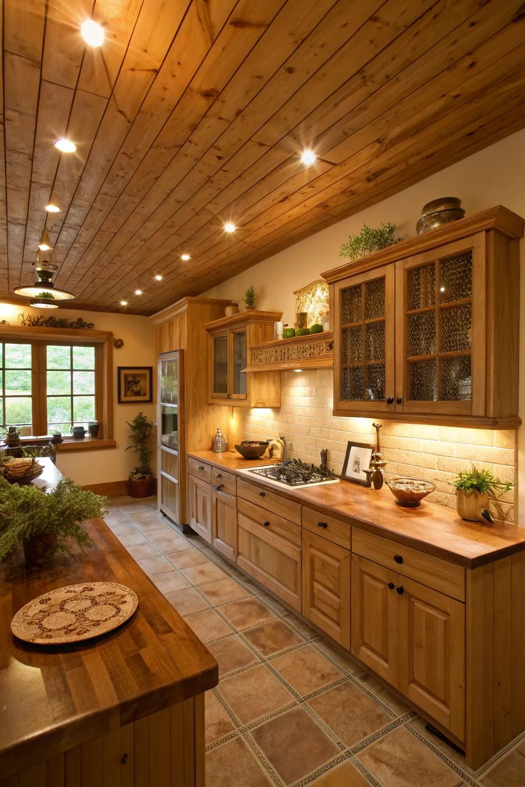 Present warmth with an elegantly wood-clad ceiling.