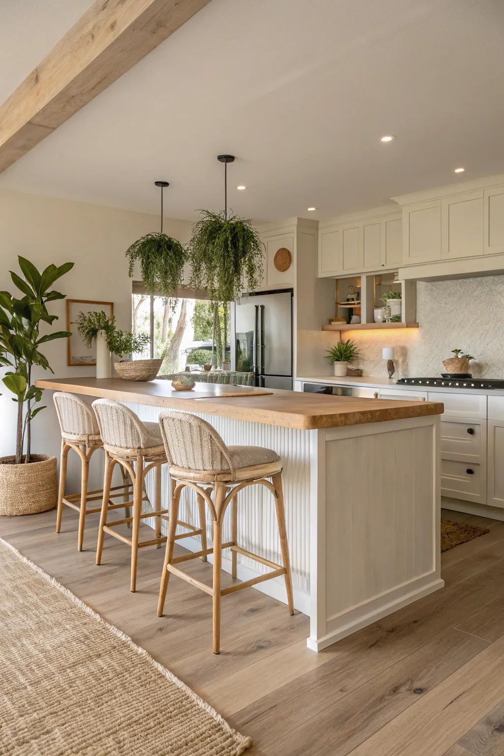 A neutral kitchen peninsula that enhances space and calm.