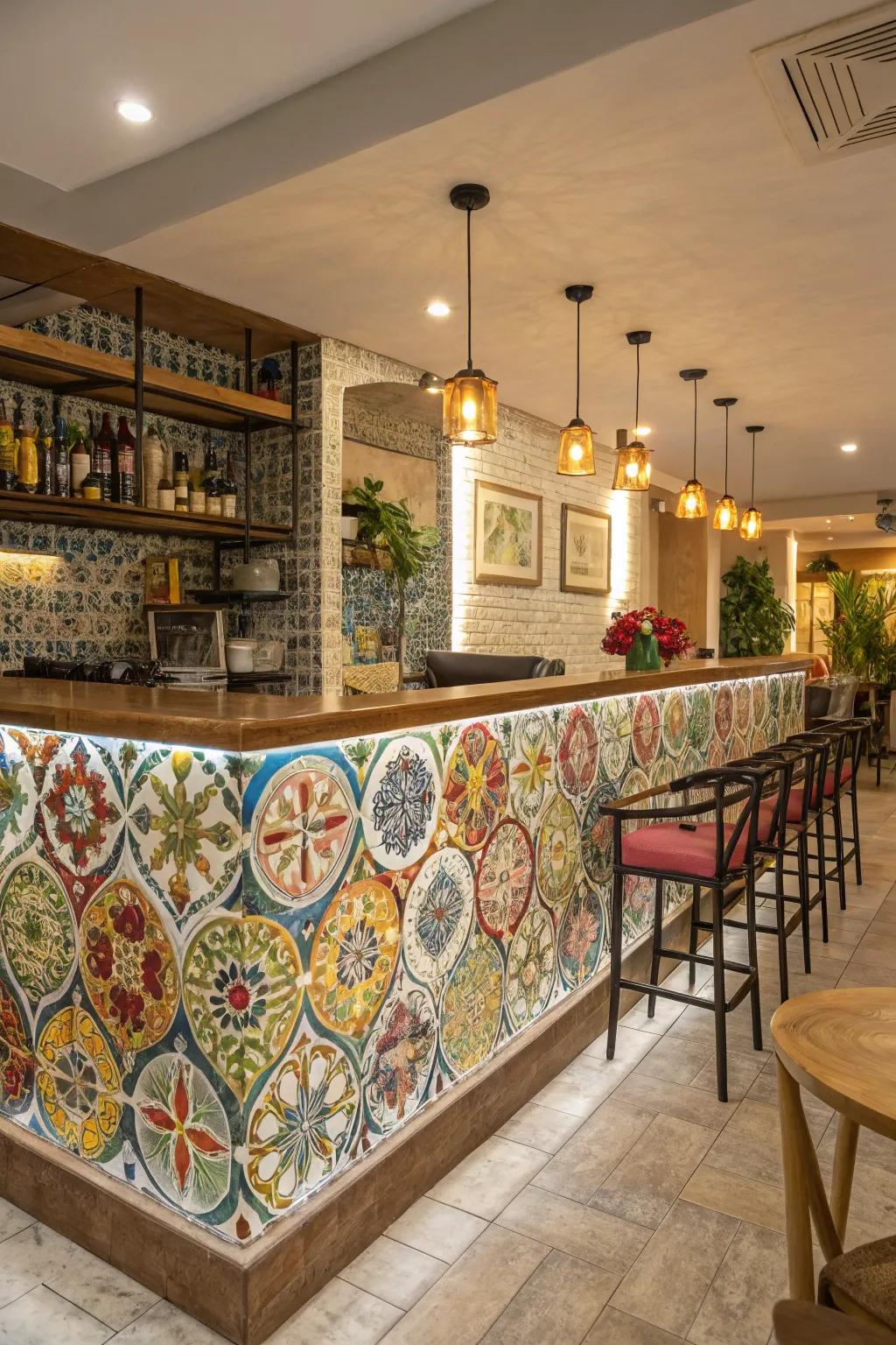 Colorful tiles bring a vibrant touch to this bar.