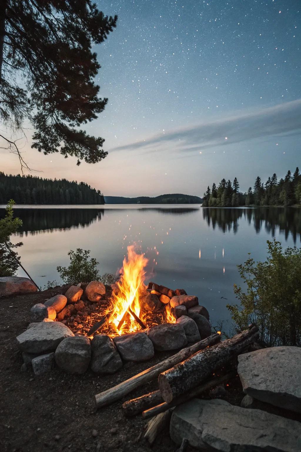 The combination of fire and water creates a captivating lakeside ambiance.