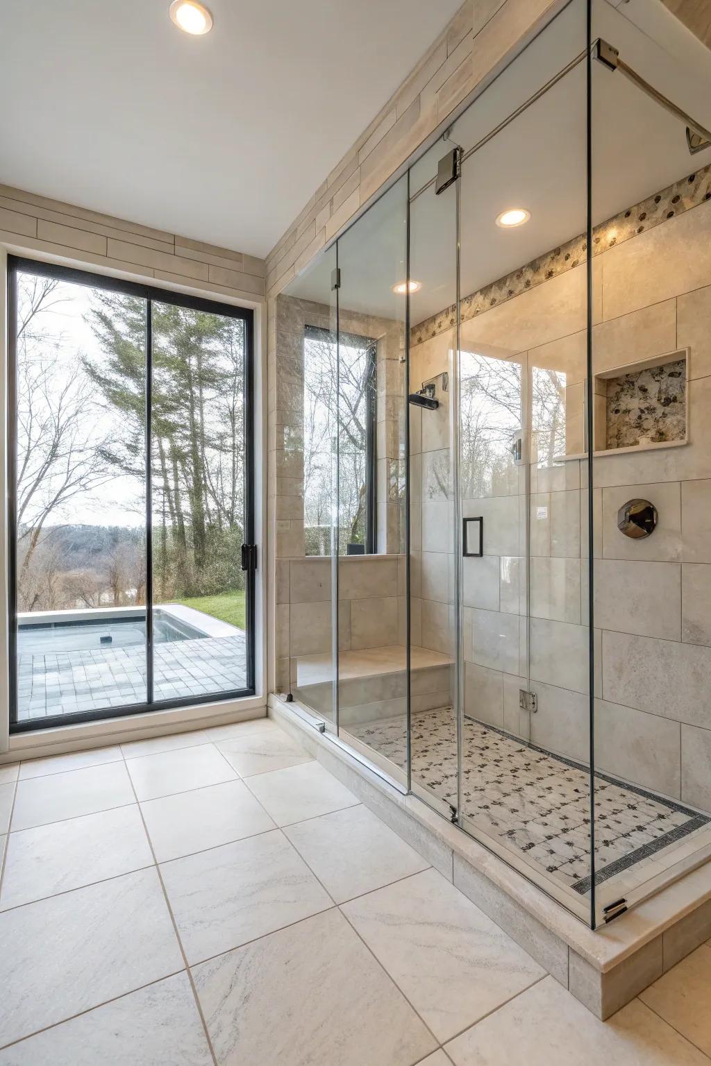 Glass enclosures enhance the airy feel of large panel showers.