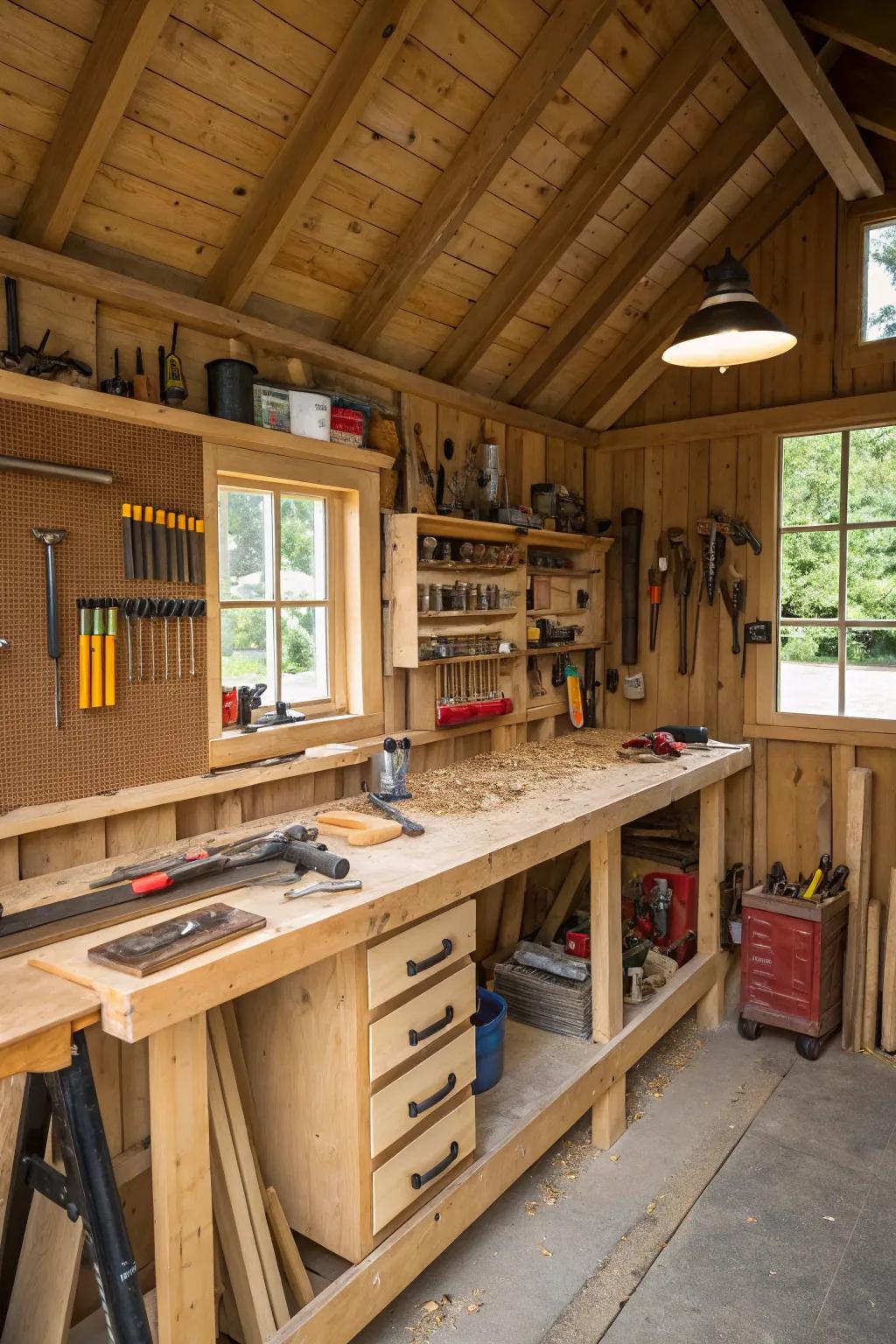 A functional crafting space nestled inside a detached outbuilding.