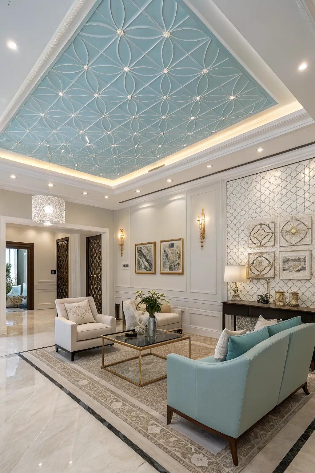 A luxurious living space with a sky-blue ceiling and modern design.