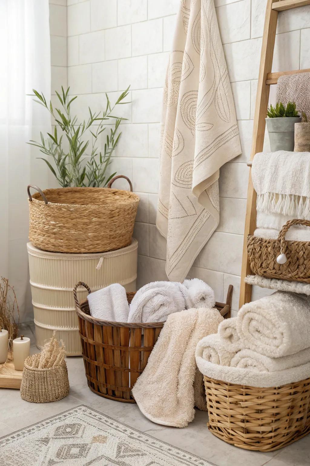 Elements introduce warmth and appeal to a light and airy bathroom.