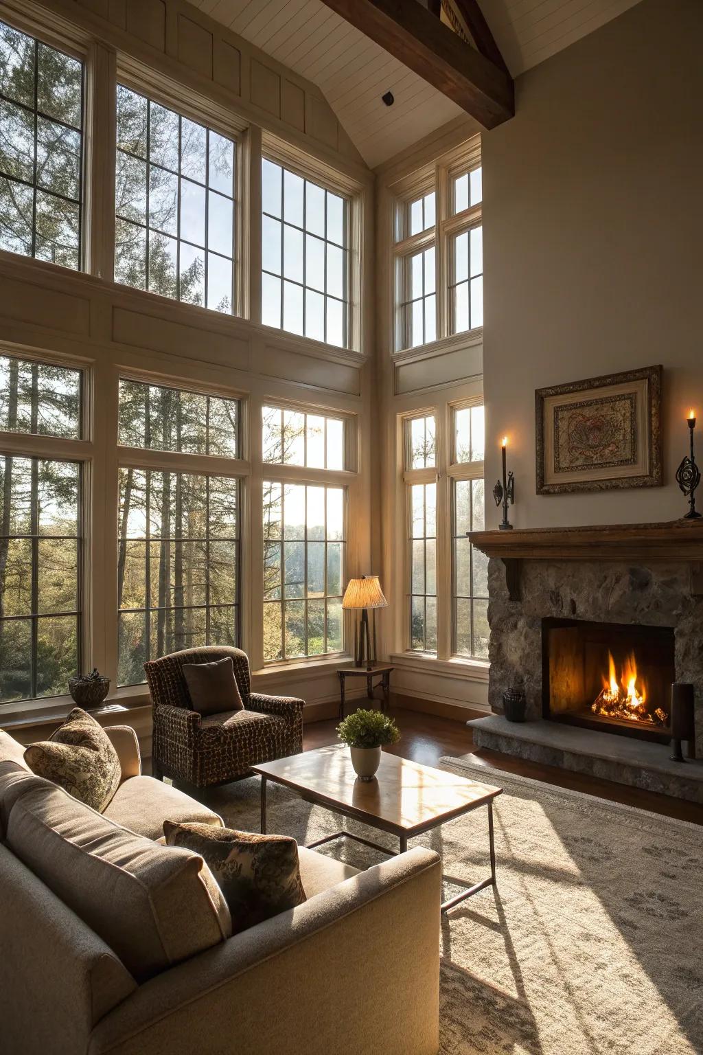 A living room layout that maximizes natural light and fireplace warmth.