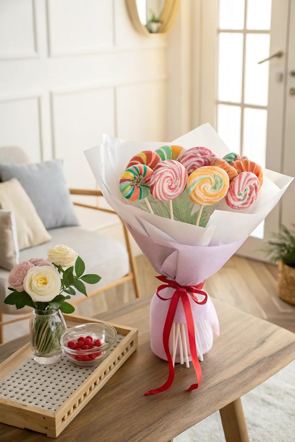 A charming lollipop bouquet wrapped with ribbon