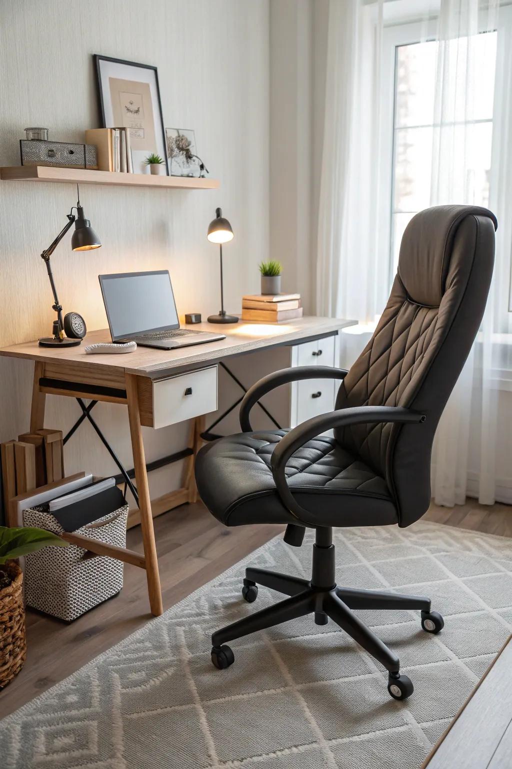 A stylish and ergonomic chair providing comfort in a home office.