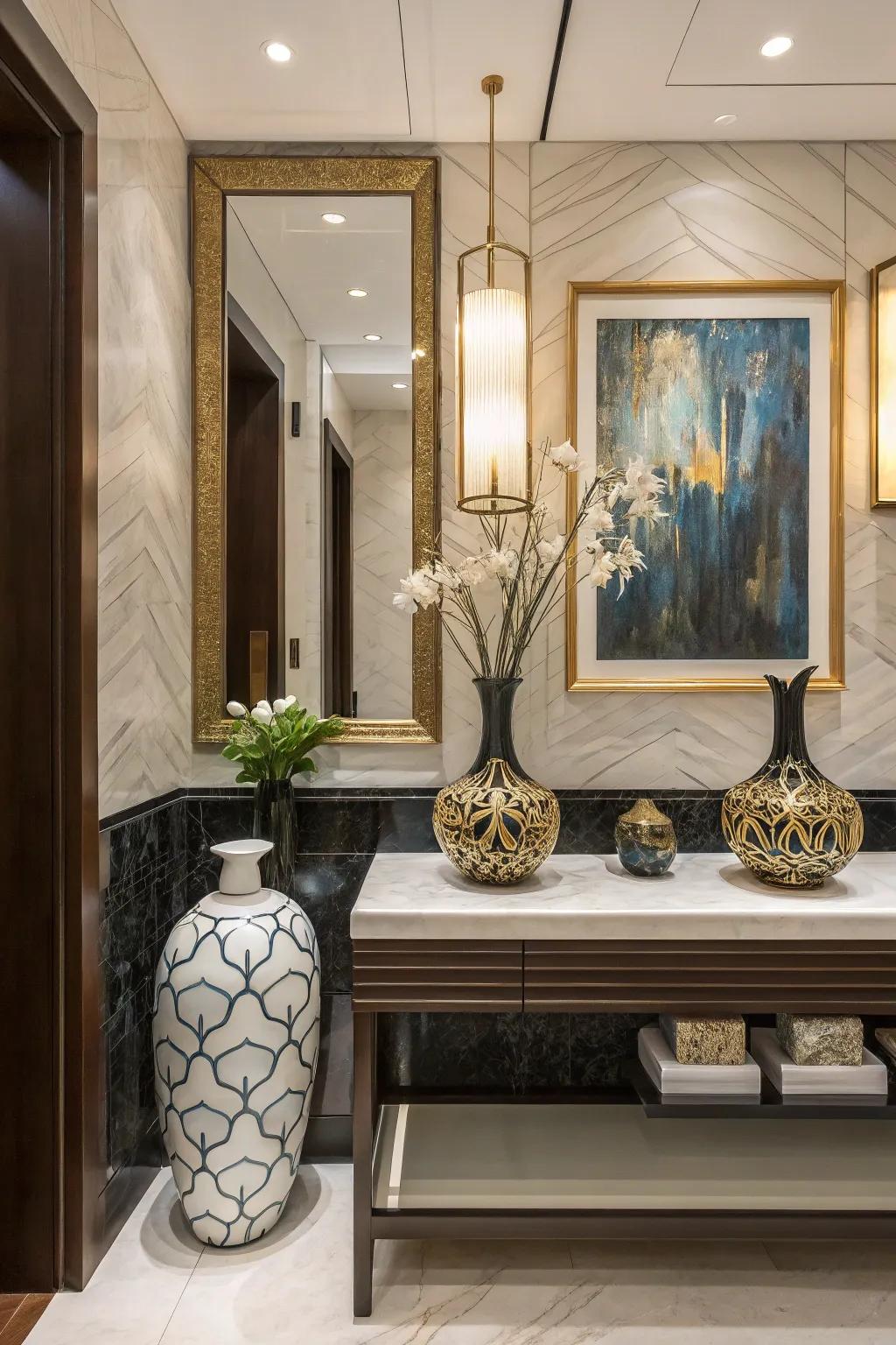 Elegant decor items add a personal touch to this luxurious powder room.