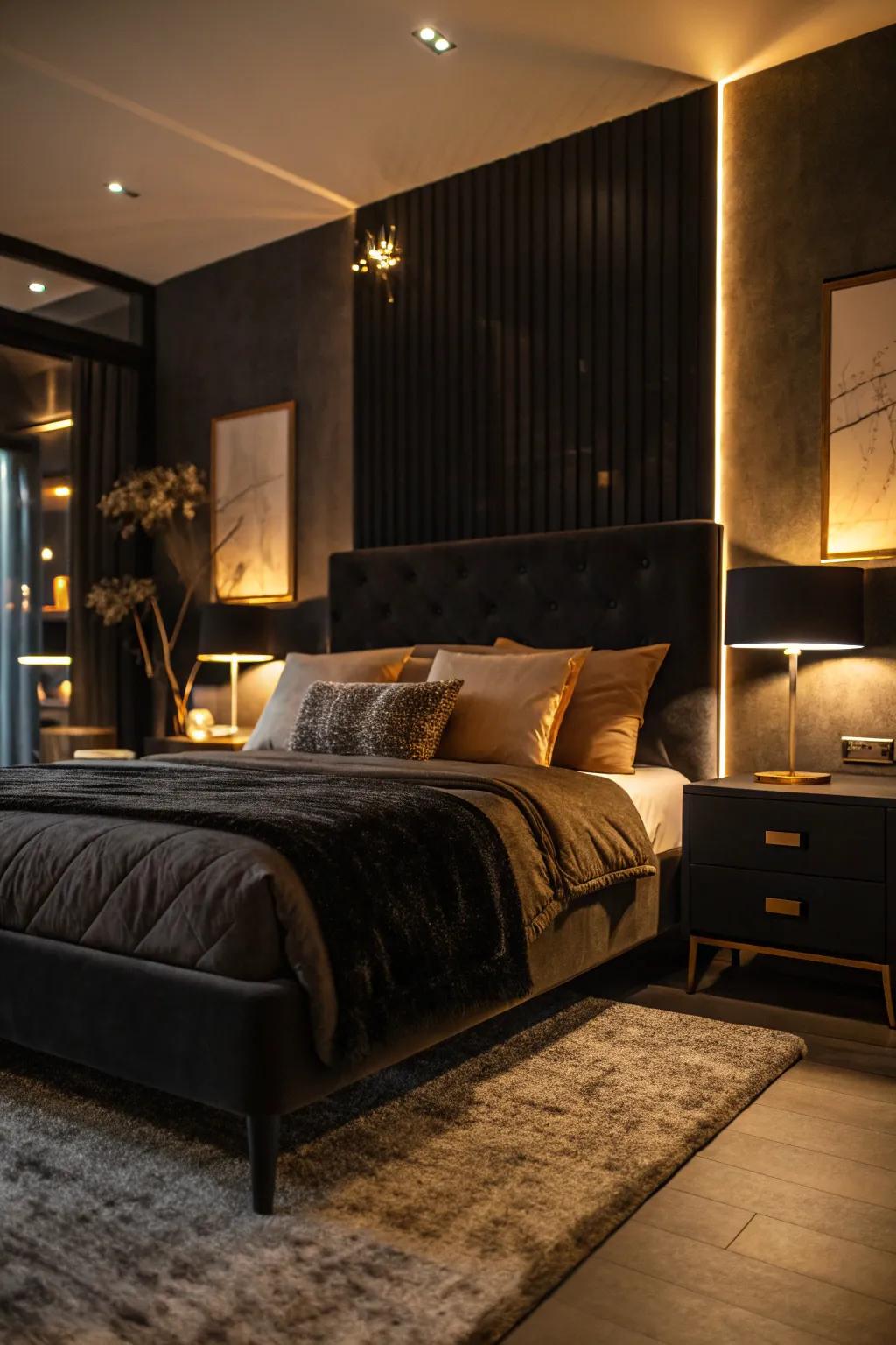 Layered ambient lighting creates a cozy and romantic atmosphere in this black bedroom.