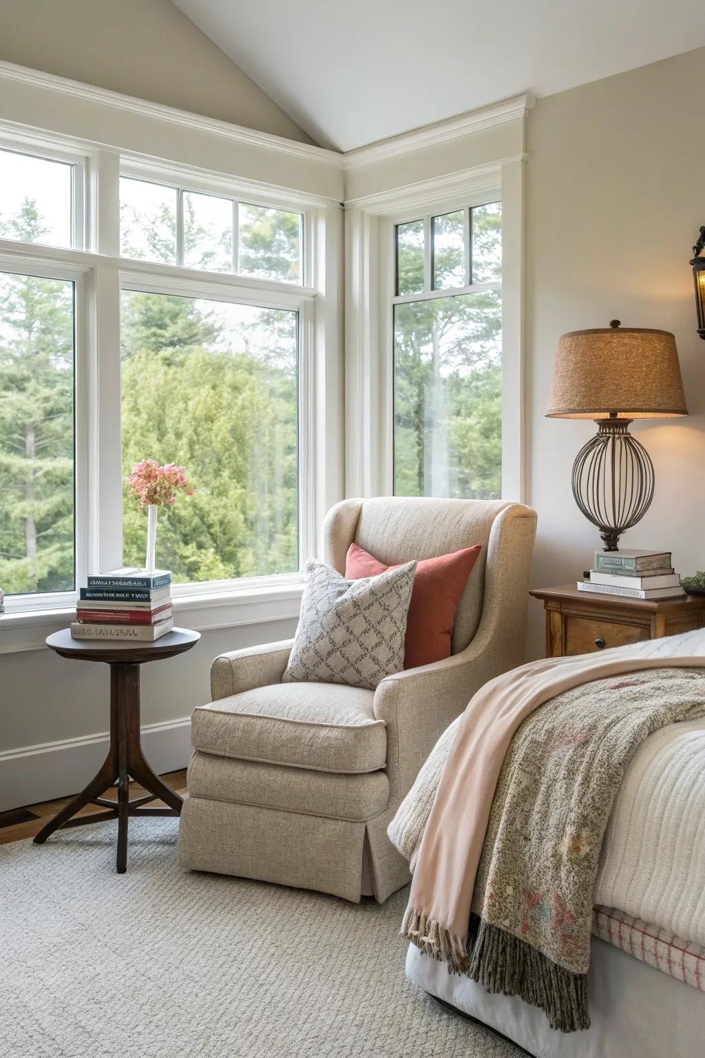 A cozy corner within the master bedroom is perfect for reading and relaxation.