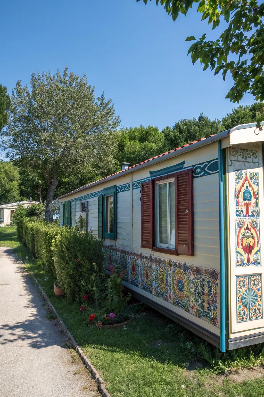 Custom painted patterns on shutters adding personality to a mobile home.