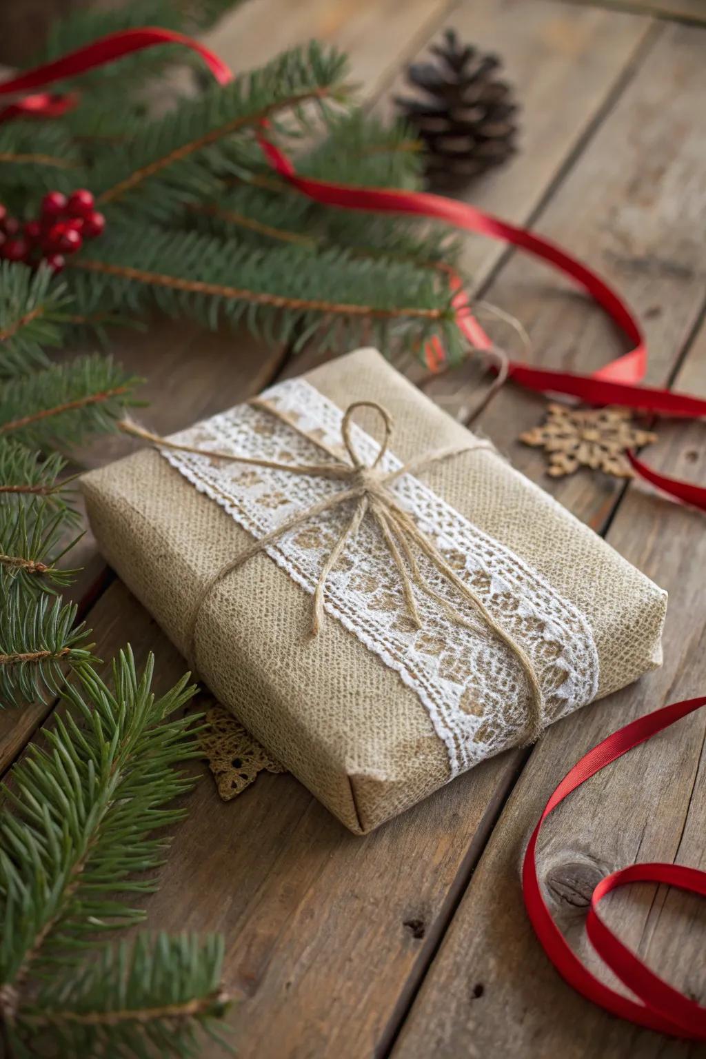 A textured gift wrapped with burlap and lace, offering a rich and inviting tactile experience.