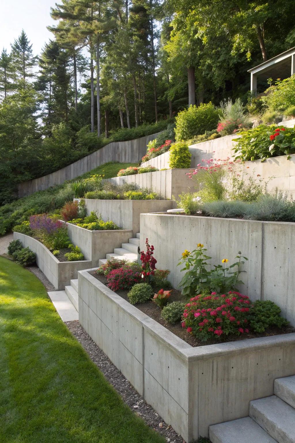 Varied height concrete walls for a dynamic garden.