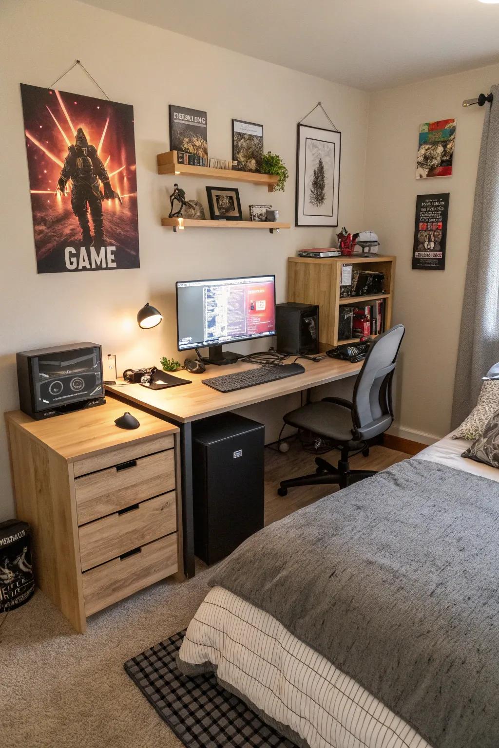 A bedroom with a dual-purpose desk for both gaming and work.