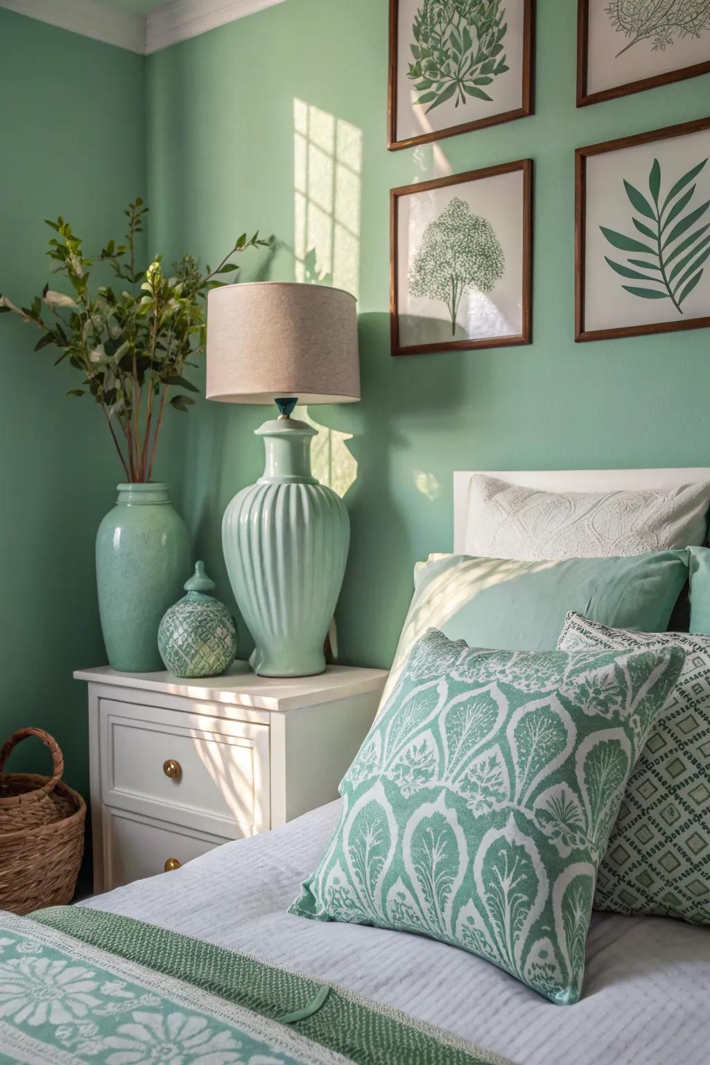Delicate springtime green accents in a modern boudoir.