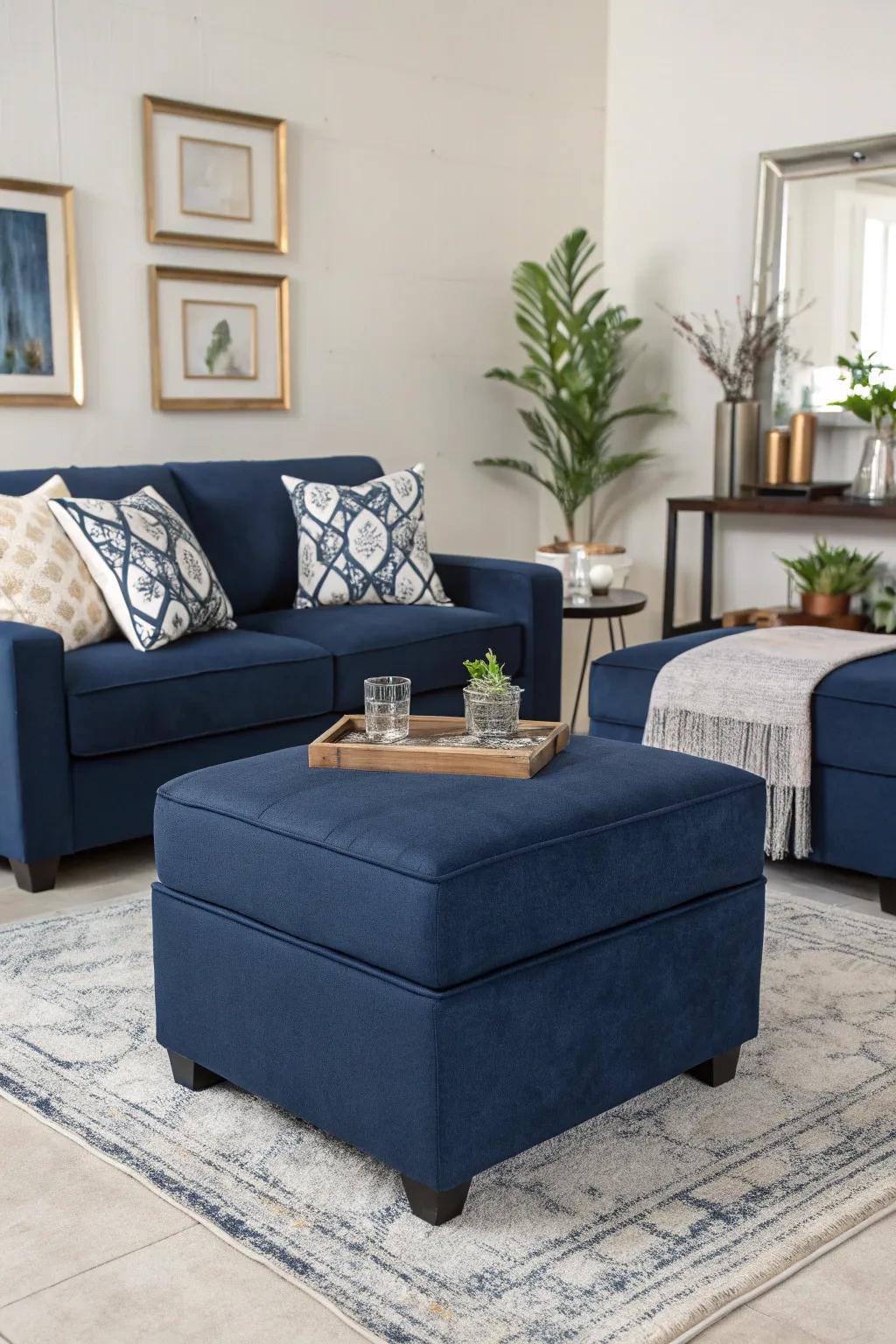 Navy furniture pieces create a cohesive environment.