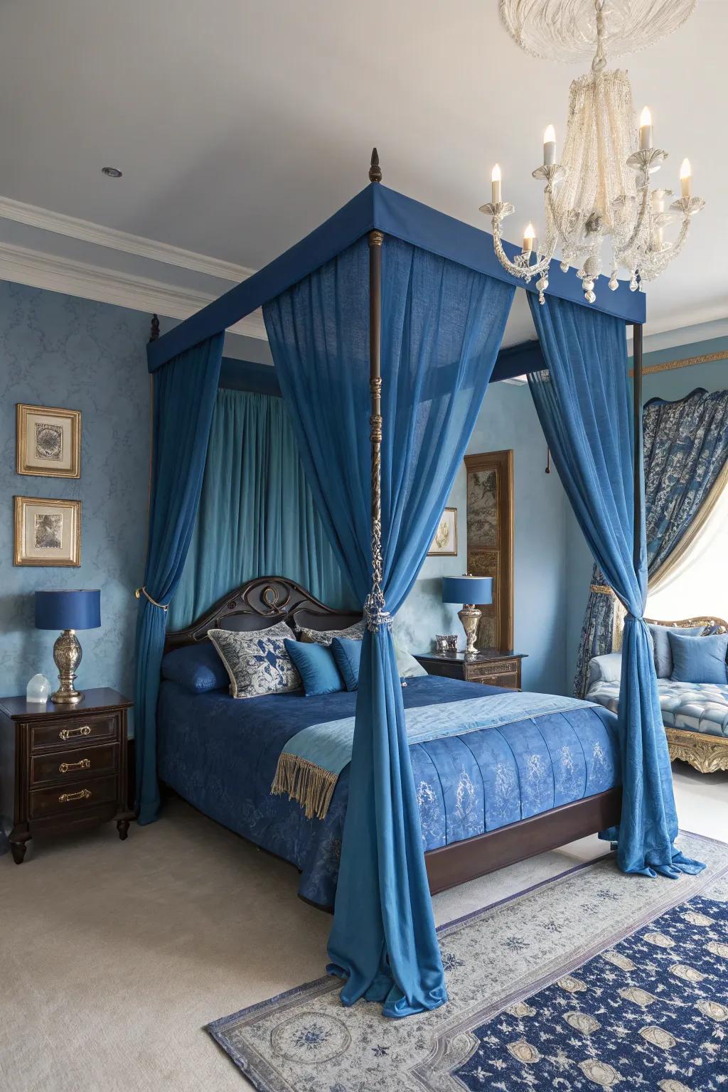 A canopy bed adds drama and classic elegance to the royal blue bedroom.