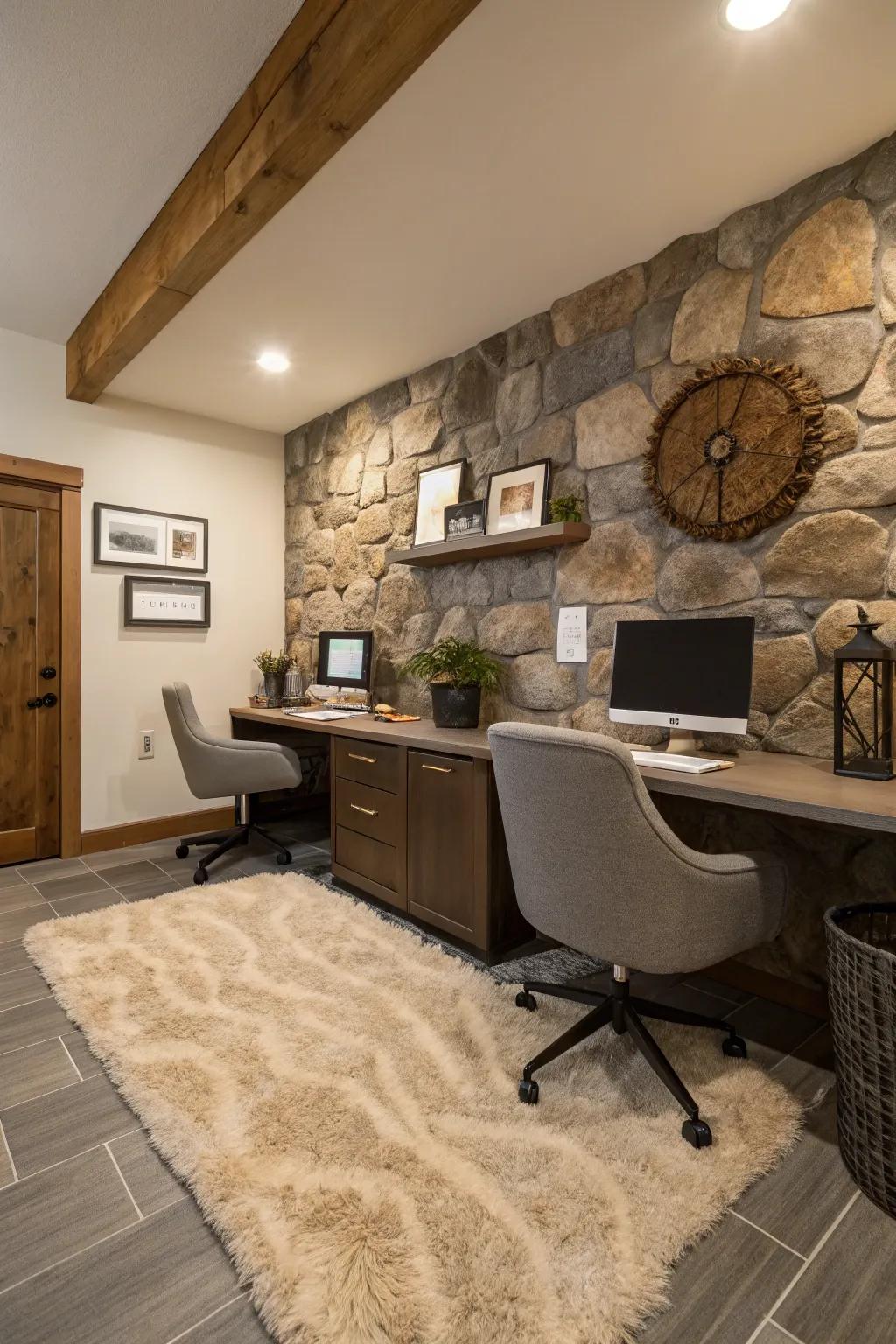 Textured accents bring depth and richness to a rustic office design.