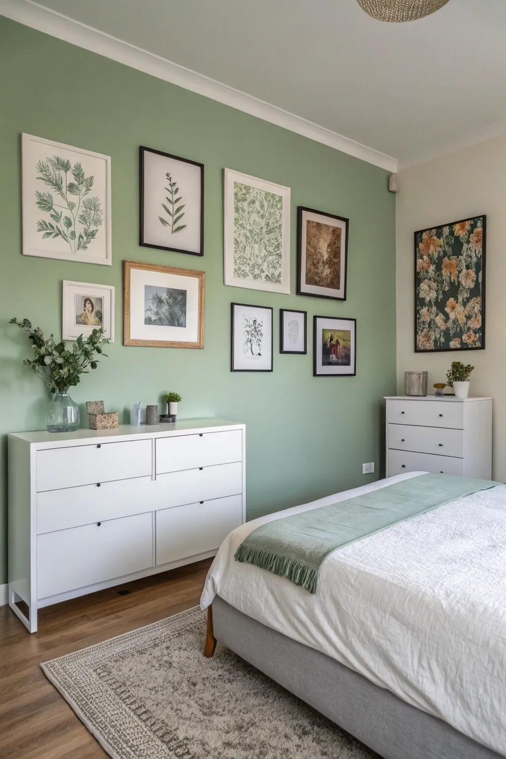 Sage green wall art enhances the room's tranquility and style.