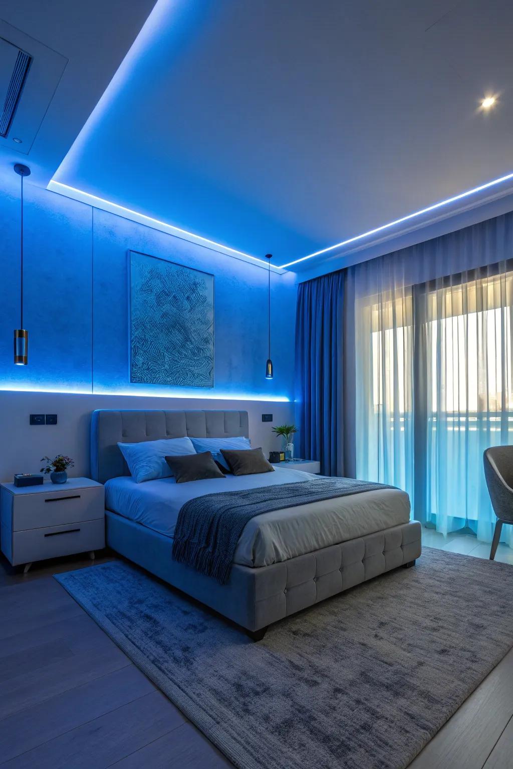 Cool blue tones for a serene bedroom vibe.