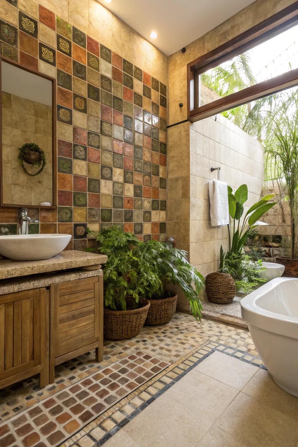 An eco-friendly bathroom featuring sustainable mosaic tiles.