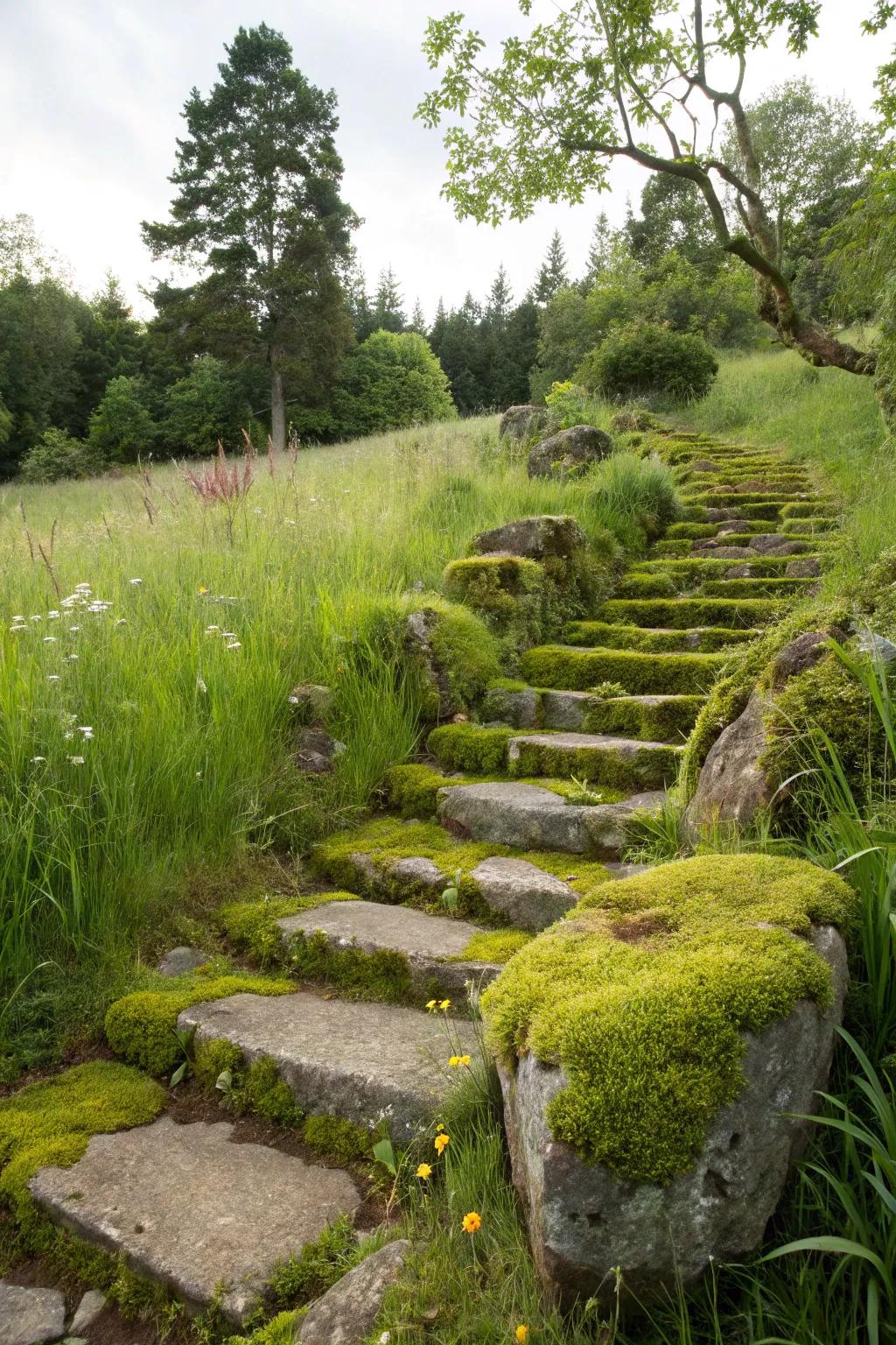 Alluring lichen stone stairways wind through an exuberant garden.