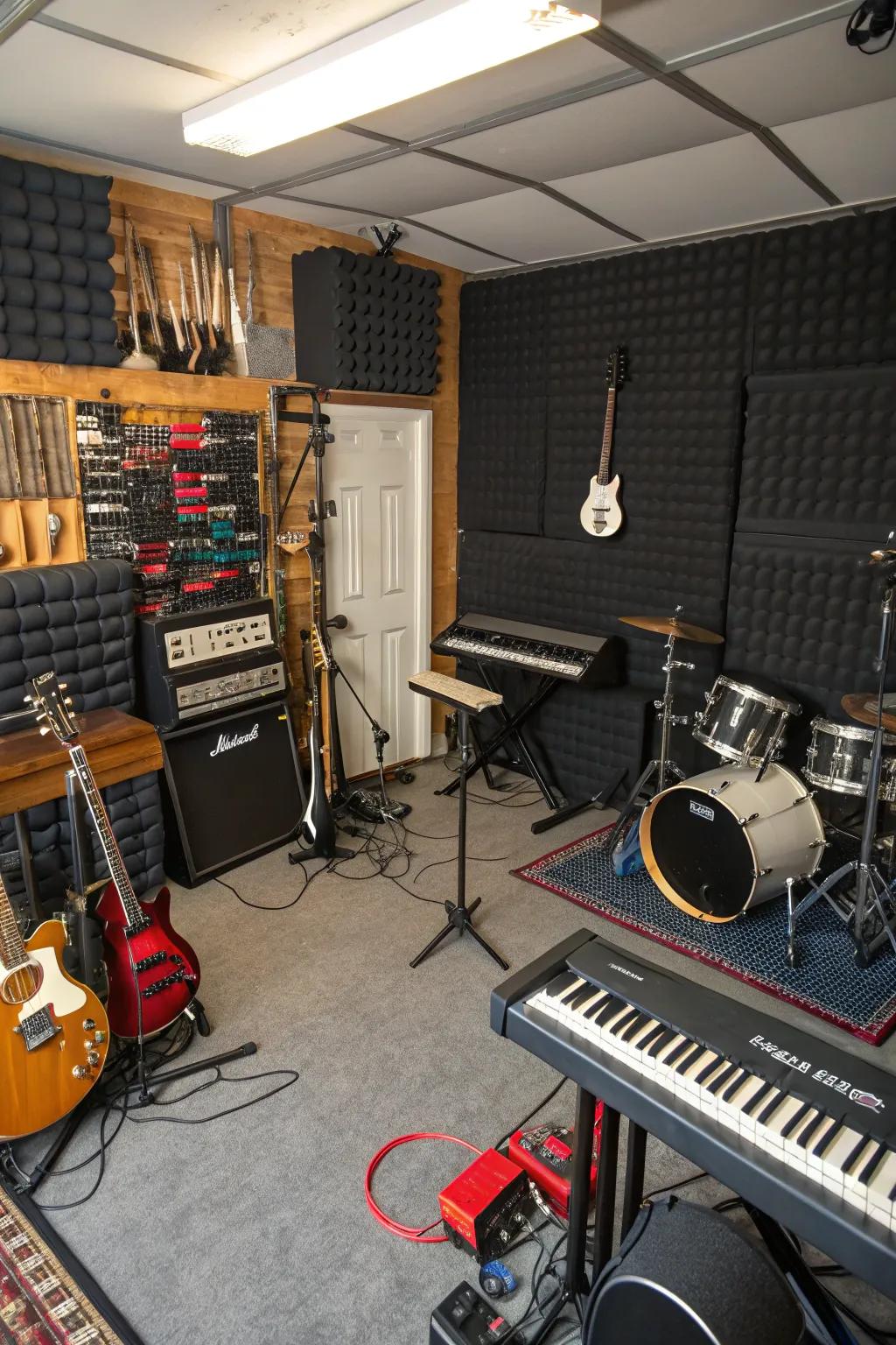 A garage turned into a soundproof music studio.