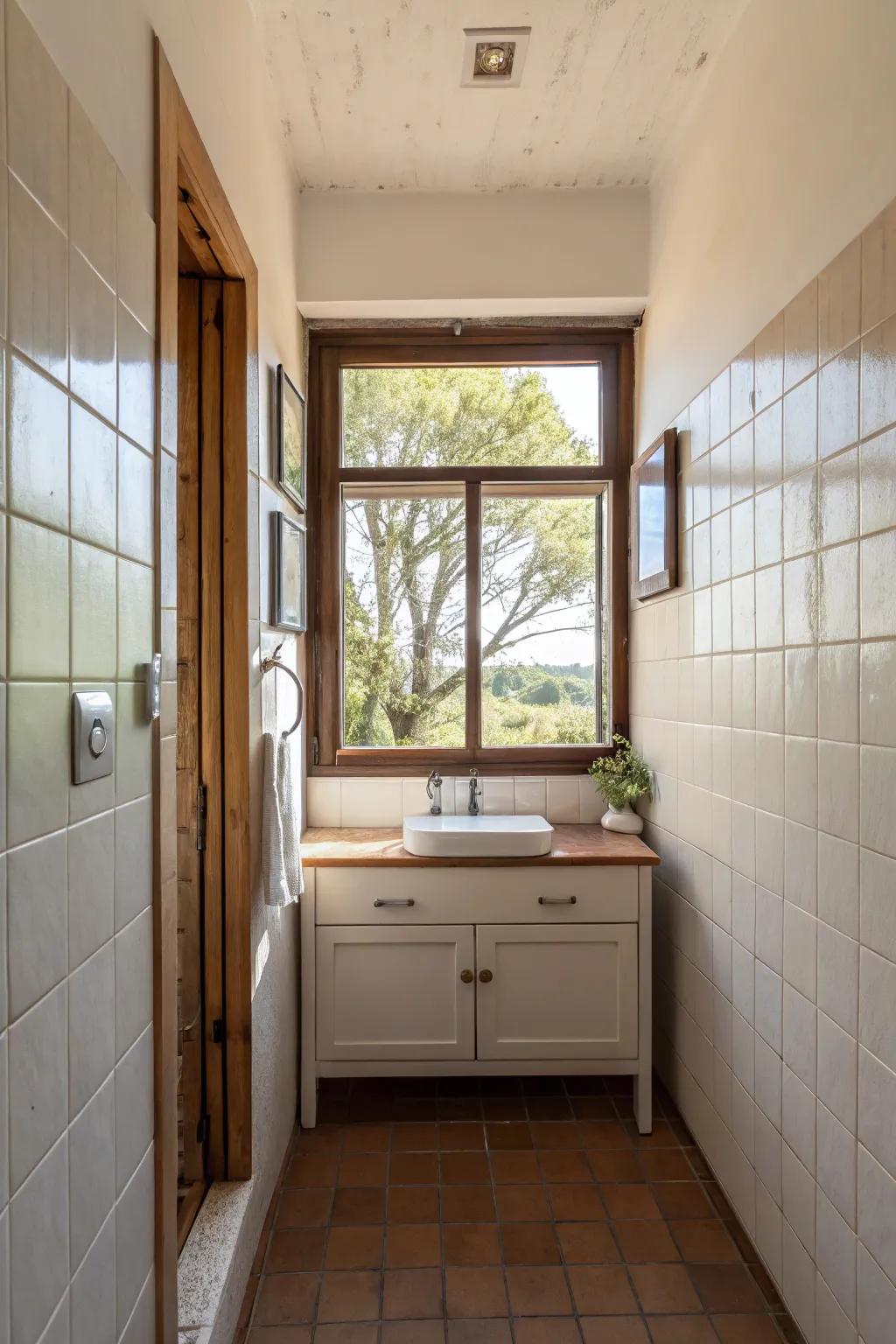 Natural light enhances openness and warmth in narrow bathrooms.