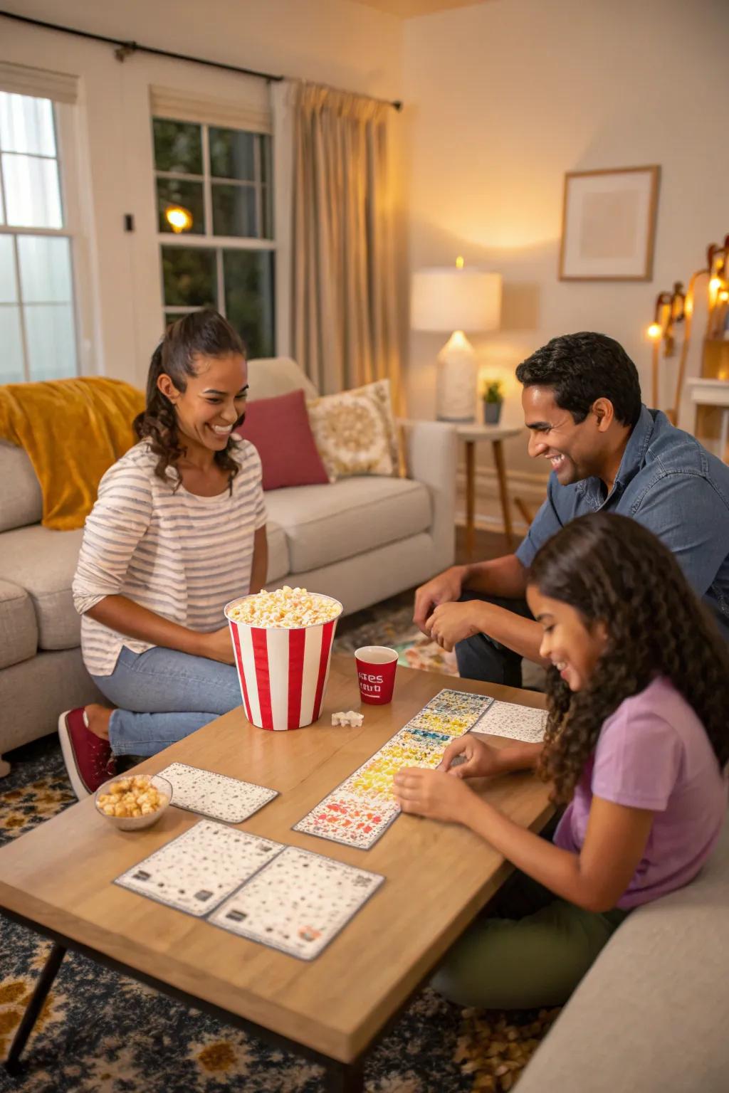 Family enjoying a popcorn-themed word game night.