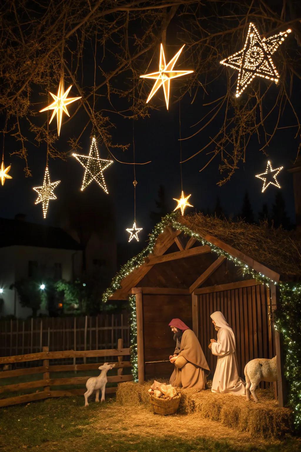 Illuminated stars add celestial magic to your nativity scene.