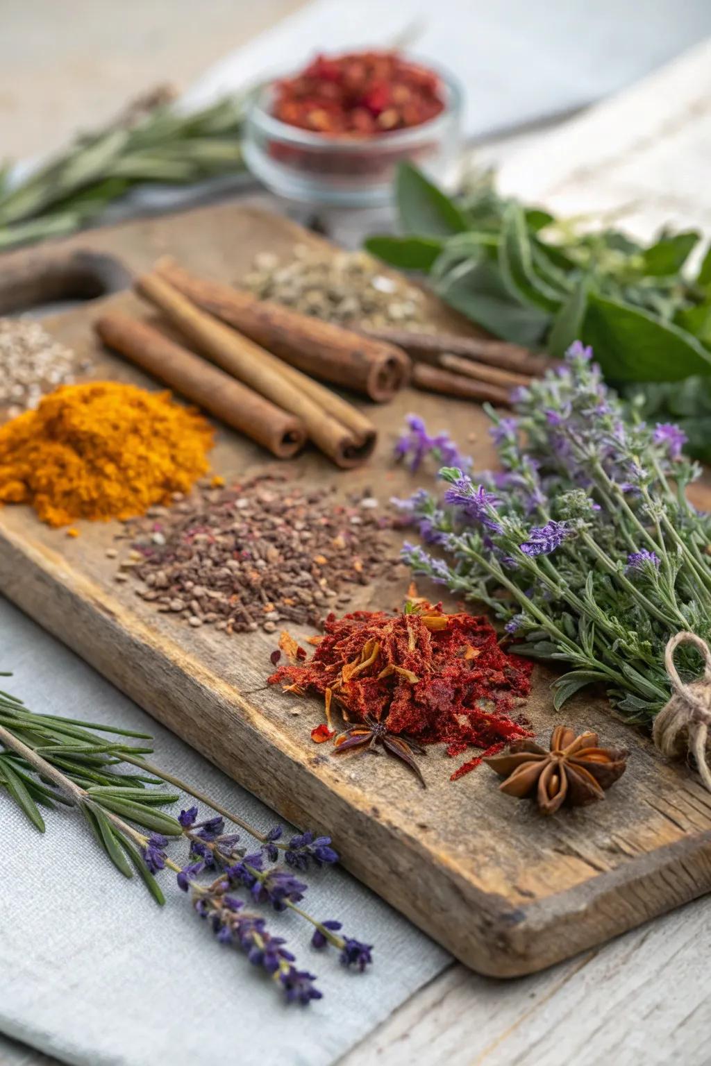 An aromatic collage assembled from dried herbs and spices.