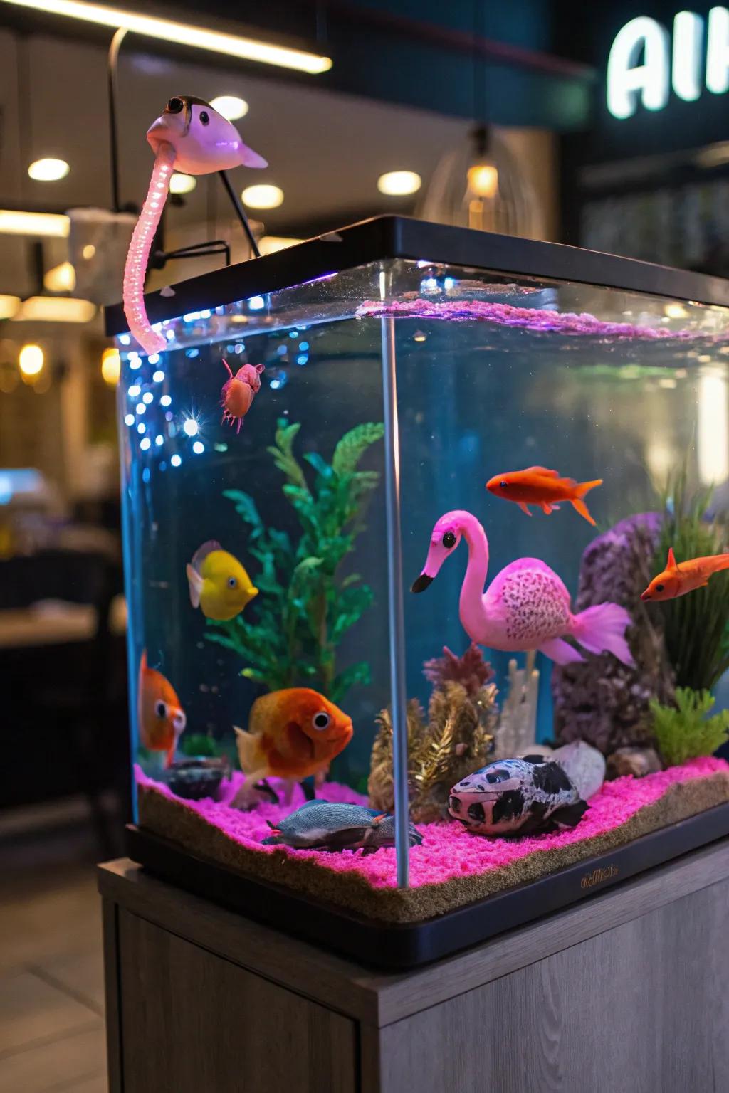 Neon accessories create a whimsical and unique aquarium setup.