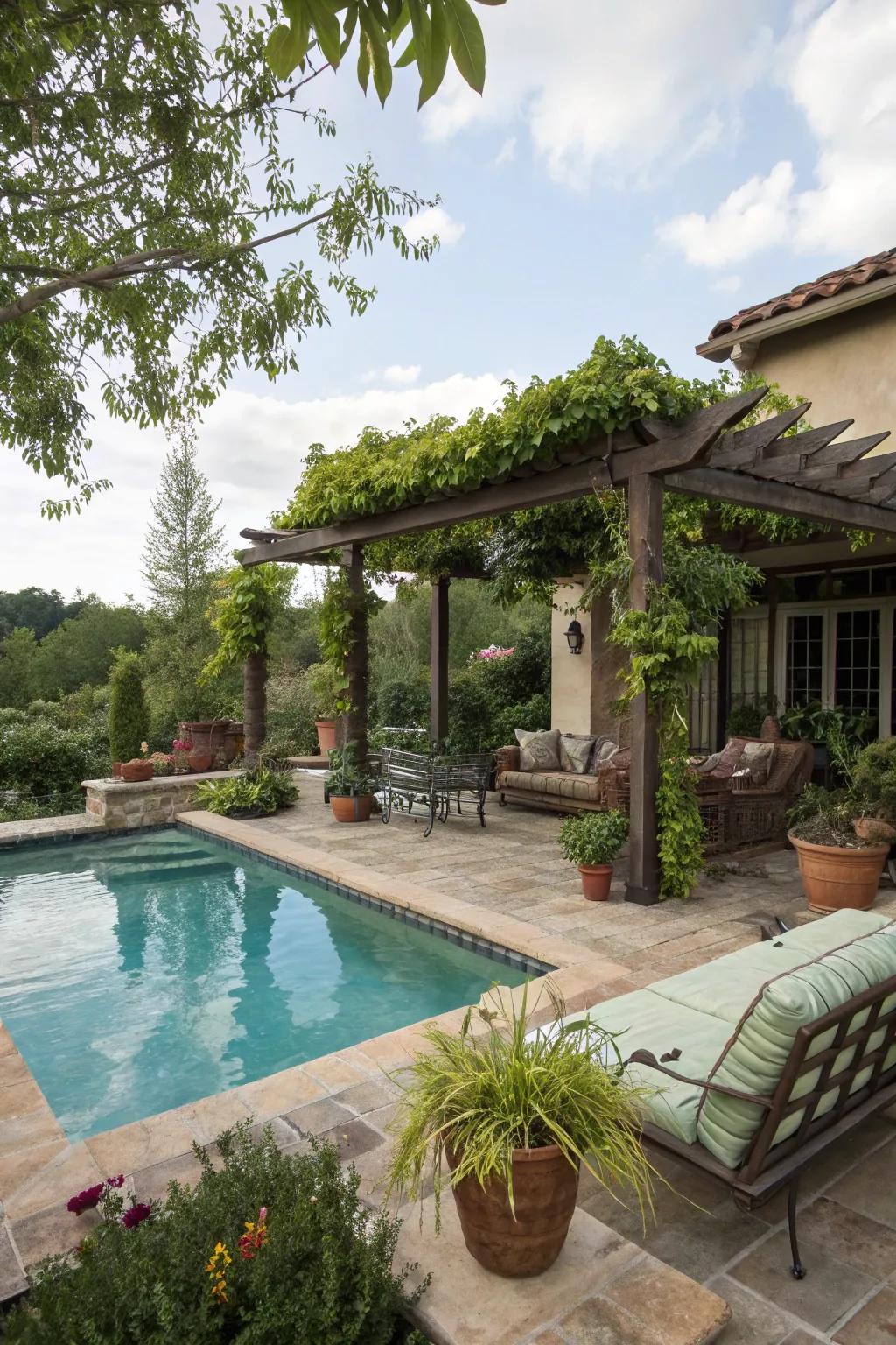 A pool space enriched with external decor and lush vegetation, rendering it a perfect hideaway.