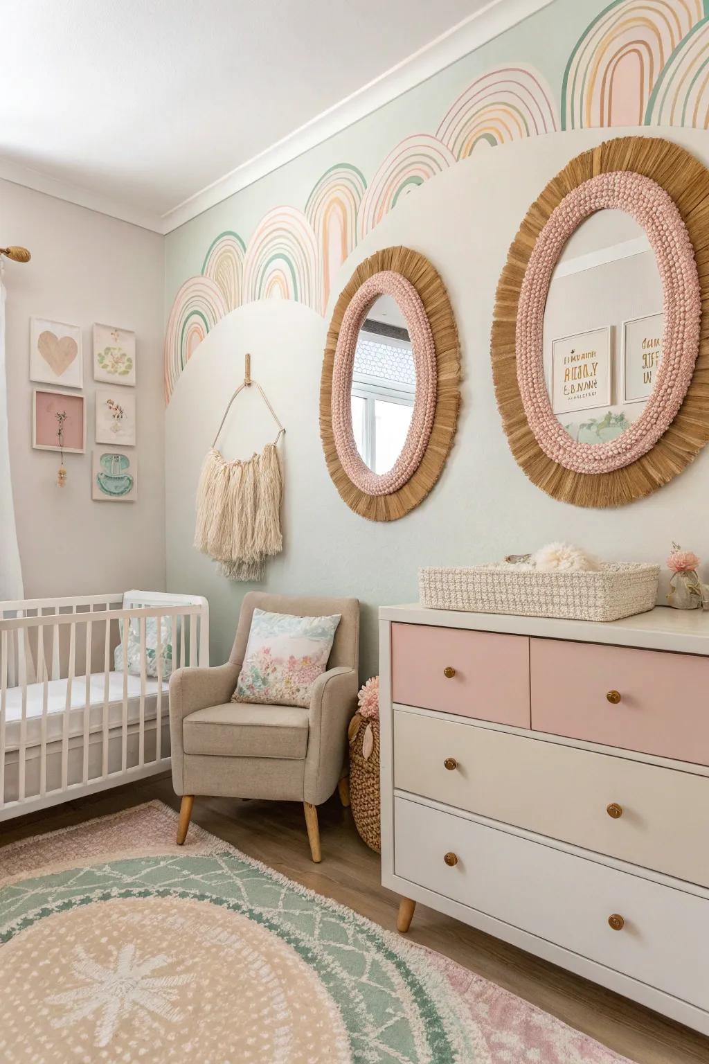 Pastel-colored mirror frames perfectly harmonize with this nursery's decor.